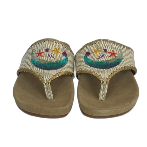 Jack Rogers Sandals Women’s Size 7.5 Color Tan Gold Embroidered Beach Scene - Picture 2 of 10